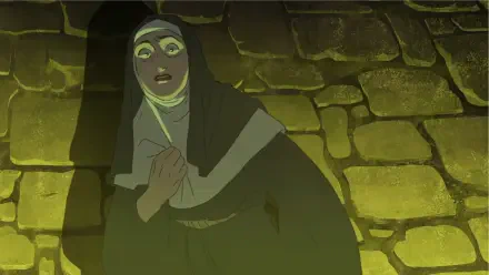 A nun appears distressed against a stone-walled background, featured in the 4K Ultra HD video game The Stone of Madness. The scene captures an intense, haunting atmosphere.