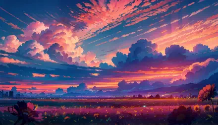 Vibrant AI art landscape featuring a dramatic sunset with vivid clouds over a serene field, rendered in 4K Ultra HD for PC desktop wallpaper and background.