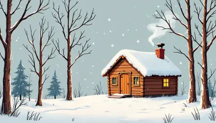 A cozy cabin nestled in a snowy landscape, surrounded by bare trees and evergreen pines, with smoke curling from the chimney, depicted in vibrant 4K Ultra HD detail.
