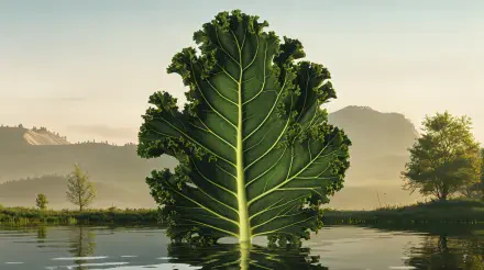 A large kale leaf stands prominently in calm waters, surrounded by serene landscapes and mountains, presented as a vibrant 4K Ultra HD desktop wallpaper.
