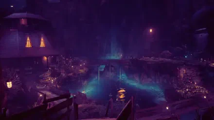 A vibrant HD wallpaper from Final Fantasy VII Remake, featuring a mystical scene with illuminated houses and a tranquil body of water under a night sky.