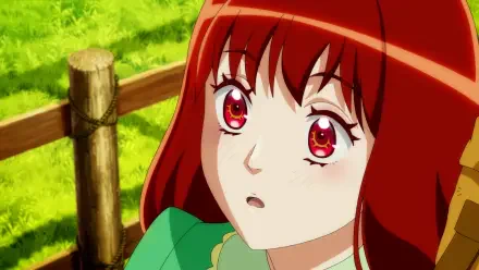 A vibrant anime character with striking red hair and expressive pink eyes looks upward, set against a lush green background in this HD wallpaper for I Want to Escape from Princess Lessons.