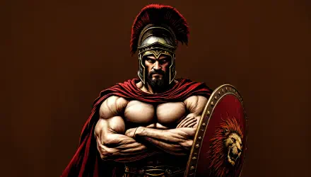 A powerful Roman gladiator stands confidently, adorned in armor with a red cape, gripping a shield featuring a lion, set against a rich brown background. 4K Ultra HD wallpaper.