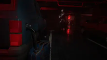 A suspenseful scene from the video game The Inn-Sanity, featuring a dimly lit parking garage and a mysterious figure emerging, set against a backdrop of red and shadowy tones.