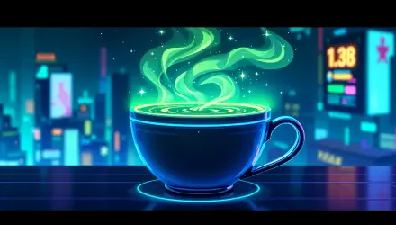 A vibrant green tea latte emanates magical swirls of steam against a colorful, urban backdrop, creating a stunning 4K Ultra HD PC desktop wallpaper.