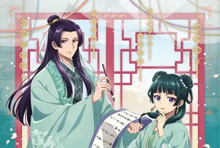 HD anime wallpaper featuring Maomao and Jinshi from The Apothecary Diaries, dressed in traditional attire against an ornate window backdrop.