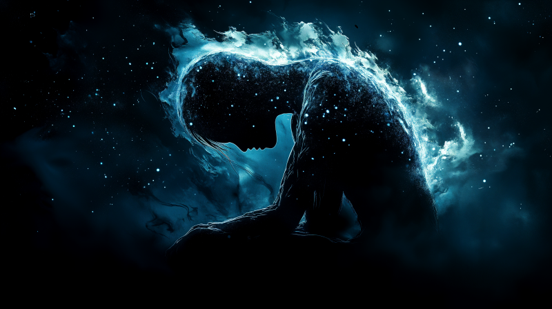 {{ A somber, artistic depiction of a human figure silhouetted against a cosmic backdrop, evoking feelings of sadness and introspection. Ideal for a 4K Ultra HD desktop wallpaper. 