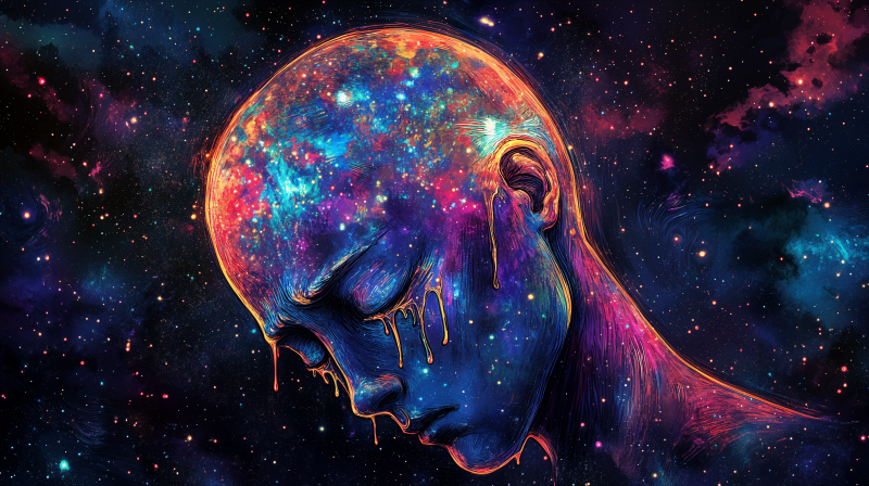 {{ A vibrant, artistic depiction of a human figure with a galaxy-themed head, expressing sadness and tears, set against a cosmic background. 4K Ultra HD quality. 