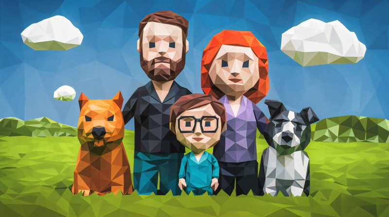 {{ A vibrant, colorful illustration of a family gathering, featuring a stylized family with two dogs in a lush green field under a bright blue sky, suitable as a 4K Ultra HD desktop wallpaper. 