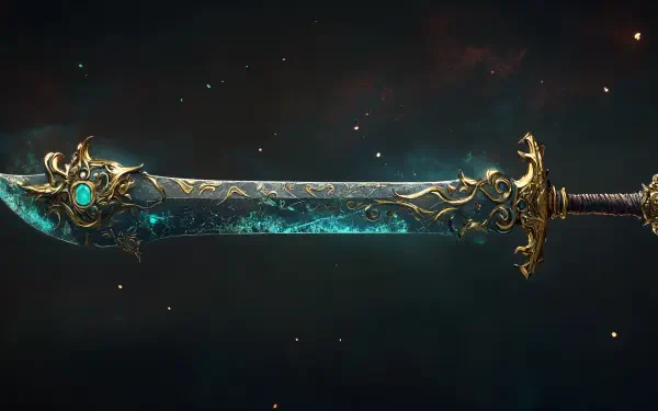 An enchanted sword featuring intricate designs and a glowing blade, set against a starry fantasy backdrop. This 4K Ultra HD wallpaper captures a mystical weapon’s allure.