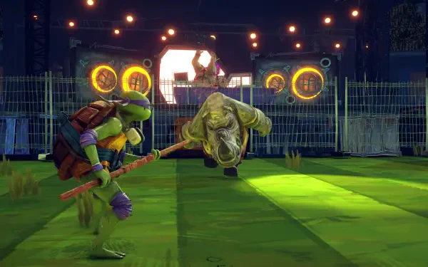 A dynamic scene from the video game Teenage Mutant Ninja Turtles: Mutants Unleashed, featuring a turtle character engaging in battle against a mutant enemy in a vibrant, illuminated environment.