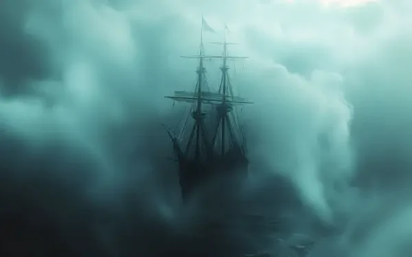 A phantom ship emerges through swirling mist in this captivating 4K Ultra HD fantasy wallpaper, evoking a mysterious and atmospheric maritime scene.