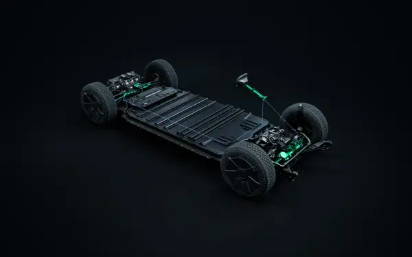 A detailed view of a Tesla Cybertruck chassis showcasing its innovative design, featuring sleek lines and a futuristic aesthetic, set against a dark background. 4K Ultra HD quality.