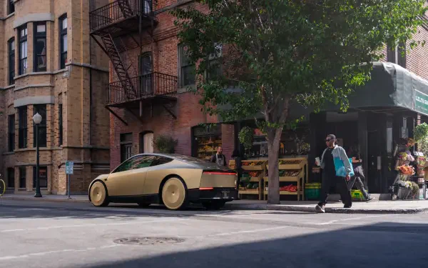 A sleek Tesla Cybercab robotaxi parked on a city street, surrounded by brick buildings and greenery, showcasing a modern urban landscape in stunning 4K Ultra HD.