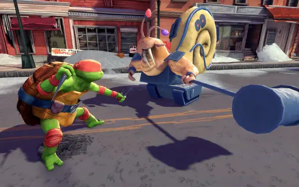 A colorful HD wallpaper featuring a Teenage Mutant Ninja Turtle preparing to battle a giant snail in a vibrant urban setting from the game Teenage Mutant Ninja Turtles: Mutants Unleashed.