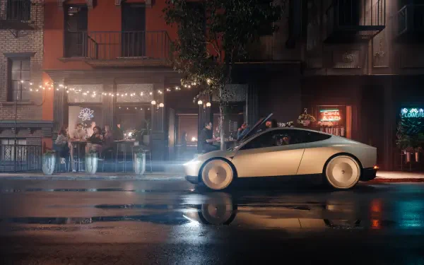 A sleek Tesla robotaxi, known as Cybercab, glides through a rainy urban setting, reflecting city lights against its modern design. A vibrant nightlife scene is visible in the background.