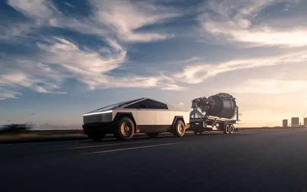 A Tesla Cybertruck towing a trailer on an open road, set against a backdrop of dramatic clouds and a sunset. 8K Ultra HD wallpaper and background.