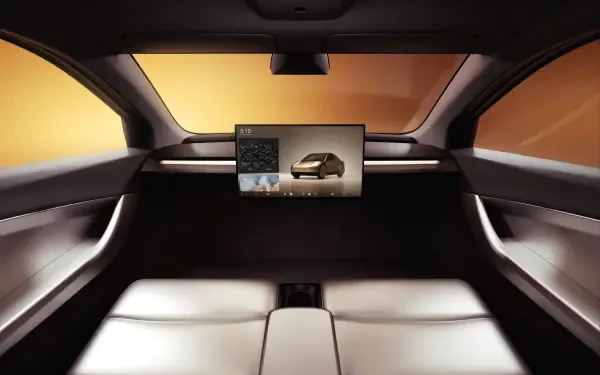 Interior view of a Tesla robotaxi, featuring sleek leather seating and a modern dashboard screen, showcased in an 8K Ultra HD desktop wallpaper, emphasizing the Cybercab design.