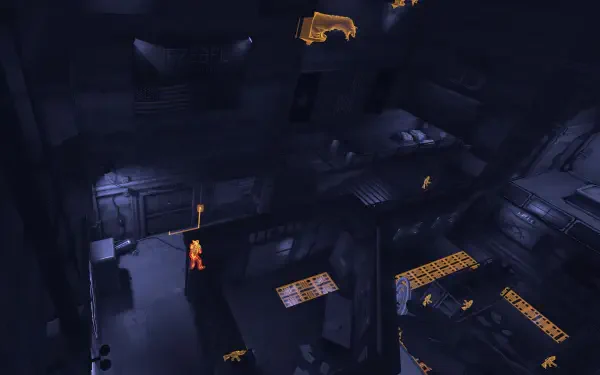 A dark, atmospheric scene from the video game Batman: Arkham Shadow, featuring a character navigating a detailed, shadowy environment filled with hints of technology and architecture.