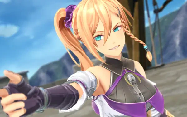 A vibrant HD wallpaper from the video game Ys X: Nordics, featuring a confident character with striking blue eyes and a playful expression against a stunning backdrop.