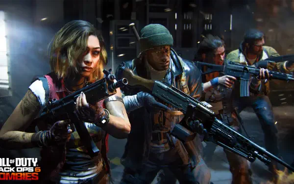 A dramatic 4K Ultra HD wallpaper featuring characters from Call of Duty: Black Ops 6, armed and ready for action in a tense, zombie-infested environment.