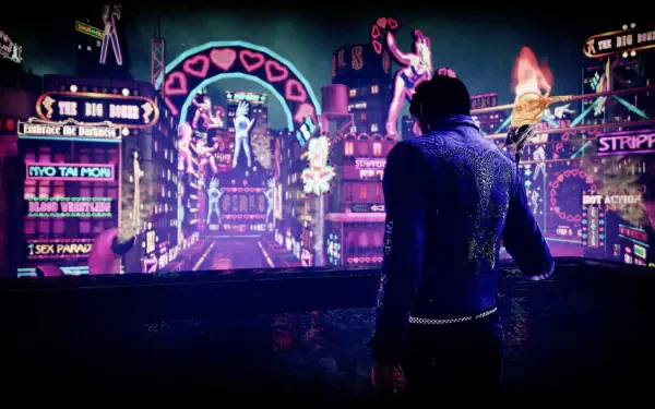 A character stands facing a vibrant, neon-lit cityscape in Shadow Of The Damned: Hella Remastered, showcasing its distinctive art style in this HD PC desktop wallpaper.