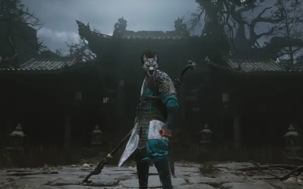 A striking 4K Ultra HD wallpaper from the video game Black Myth: Wukong, featuring a warrior in a richly detailed, atmospheric setting with ancient architecture and dramatic lighting.