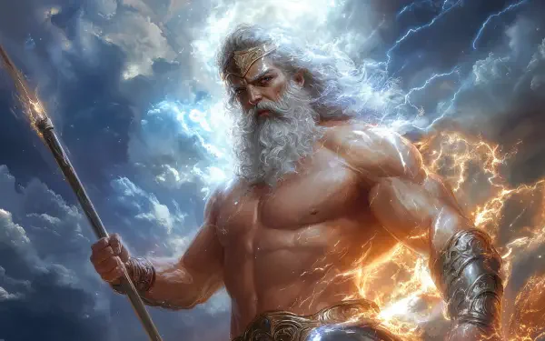 A powerful depiction of Zeus, featuring his muscular figure amidst dramatic clouds and lightning, in a stunning 4K Ultra HD wallpaper for your desktop background.