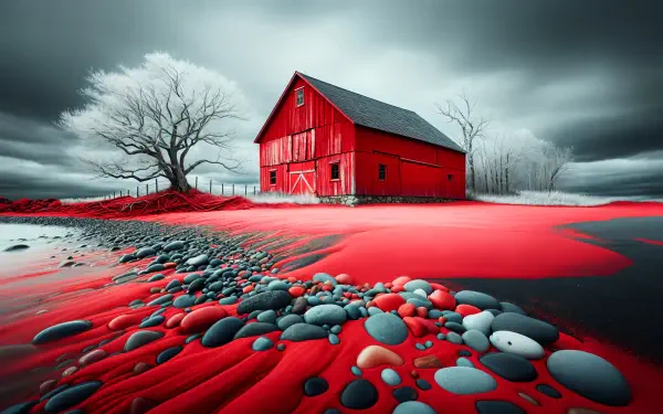 A striking red barn stands out against a dramatic monochrome landscape, complemented by smooth stones and a bare tree, captured in vibrant 4K Ultra HD detail.