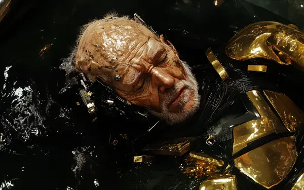 A futuristic man with a weathered face and golden armor floats in dark water, surrounded by metallic elements, creating a striking sci-fi scene in rich 4K Ultra HD detail.