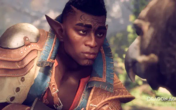 A close-up of a character from the video game Dragon Age: The Veilguard, showcasing detailed 4K Ultra HD graphics against a lush, vibrant background.
