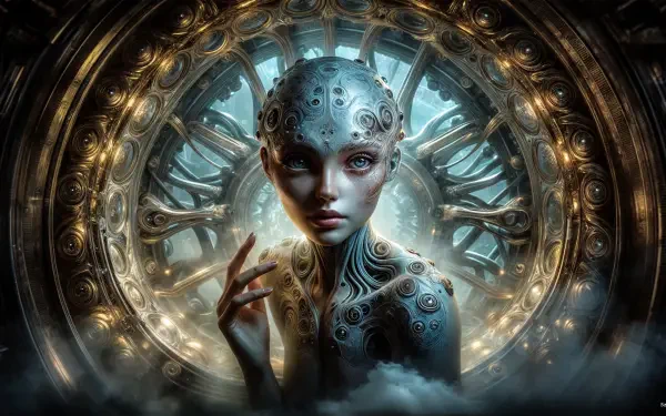 A detailed sci-fi character with intricate metallic patterns and glowing eyes, set against a futuristic mechanical backdrop in 4K Ultra HD AI art style.
