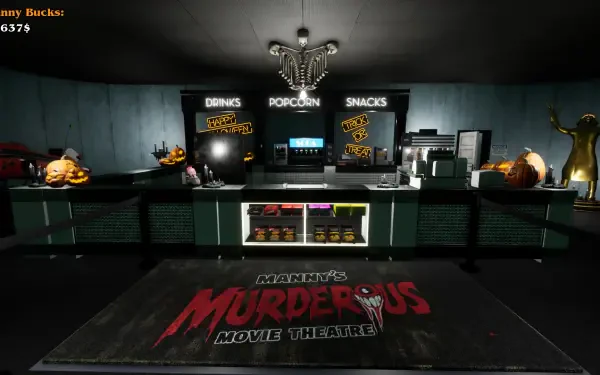 A vibrant HD PC desktop wallpaper featuring a movie theater concession stand from the video game Massacre At The Mirage, showcasing snacks, drinks, and a spooky decor.