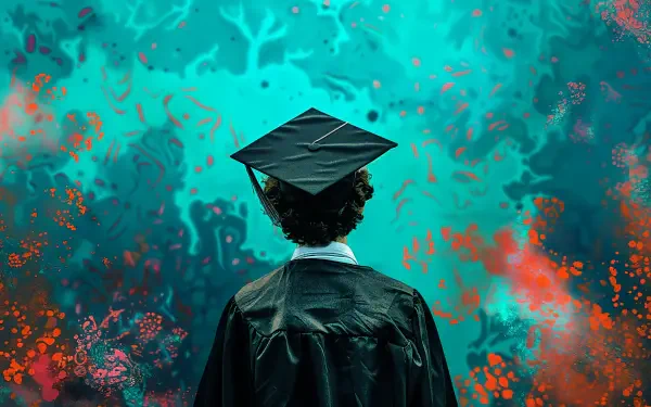A graduate wearing a cap and gown stands against a vibrant, abstract background in this 4K Ultra HD desktop wallpaper, celebrating achievement and new beginnings.
