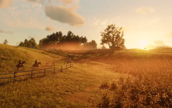 Scenic Red Dead Redemption 2 landscape at sunset with two riders on horseback, captured in stunning 4K Ultra HD for PC desktop wallpaper and background.