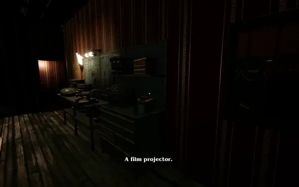 A dimly lit room featuring a film projector and various equipment, serving as an engaging backdrop for the video game Massacre At The Mirage. HD PC desktop wallpaper.