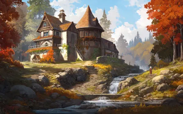 HD artistic landscape wallpaper featuring a majestic mansion beside a flowing river, surrounded by vibrant autumn trees under a bright blue sky.