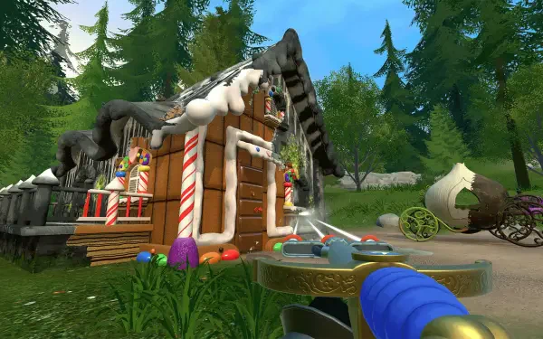 A vibrant HD wallpaper from PowerWash Simulator featuring a whimsical gingerbread house amidst a lush forest, showcasing the fun of the Shrek Special Pack.