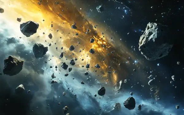 A stunning sci-fi scene showcasing an asteroid field set against a vibrant cosmic backdrop, presented as a 4K Ultra HD desktop wallpaper.