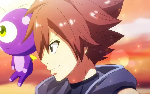 A vibrant HD wallpaper featuring a character from the video game Farmagia, showcasing a confident expression with a colorful creature in the background.