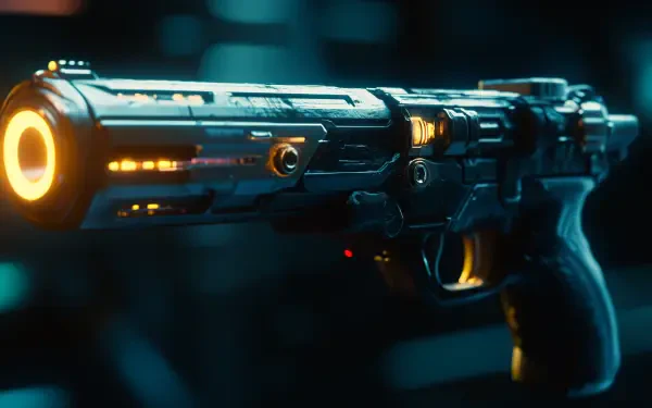 A sleek, futuristic laser gun glows with vibrant lights, set against a dark sci-fi backdrop. This stunning 4K Ultra HD image serves as an engaging desktop wallpaper.