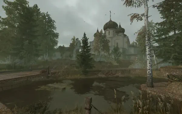 HD PC desktop wallpaper from the video game STALCRAFT: X, featuring a misty forest scene with a reflective pond and a distant cathedral under a cloudy sky.