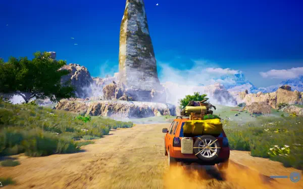 A vibrant HD wallpaper from the video game Albatroz, featuring a vehicle driving down a dusty road toward a towering rock formation under a clear blue sky.