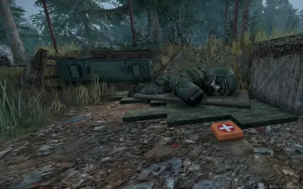 A HD PC desktop wallpaper from the video game STALCRAFT: X, depicting a rugged, overgrown landscape with scattered debris and a first aid kit amidst a woodland setting.