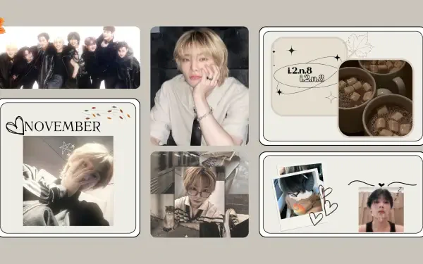 HD PC desktop wallpaper featuring Stray Kids members in various casual and candid moments with a soft, warm color palette and minimalist design elements.