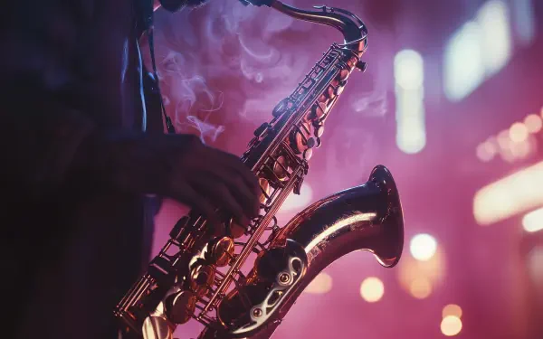 A vibrant close-up of a saxophone, surrounded by colorful lights and mist, capturing the essence of jazz. This 4K Ultra HD wallpaper adds a dynamic touch to any desktop.