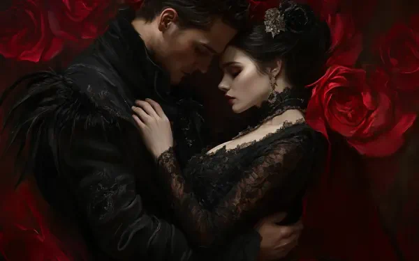 A romantic couple embraces in a dark, passionate setting, surrounded by deep red roses. The image captures the essence of dark romance, showcased in striking 4K Ultra HD detail.