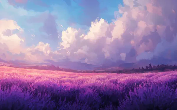 A stunning lavender field stretches under a vibrant sky filled with fluffy clouds, captured in 4K Ultra HD, showcasing the beauty of nature in a serene landscape.