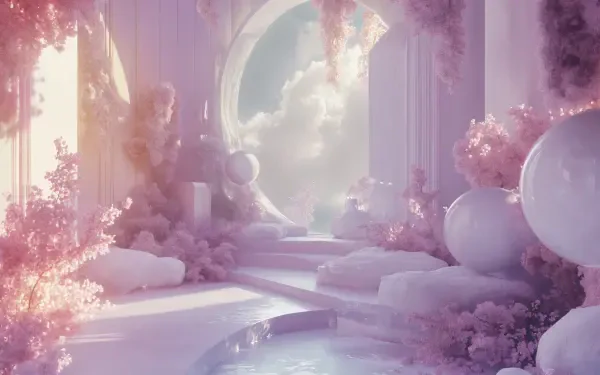 A serene, soft aesthetic scene featuring a dreamy pathway adorned with delicate flowers and ethereal clouds, designed as a 4K Ultra HD PC desktop wallpaper.