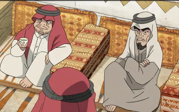 Anime scene featuring two elderly men in traditional attire, seated on ornate cushions, engaging in conversation within a folktale setting. High-definition PC desktop wallpaper background.